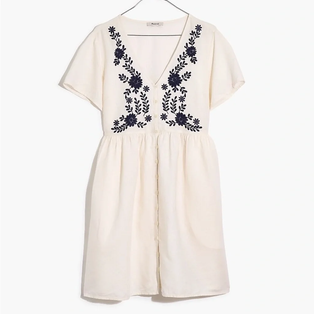 Madewell White Navy Embroidered Linen-Blend Alexandra Button-Front Mini Dress - Picture 1 of 8